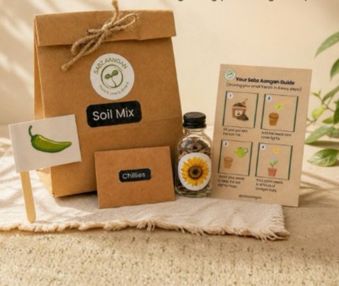 Beginner gardening kit: soil mix bag, chilli seed packet, jar of sunflower seeds and a step-by-step guide card